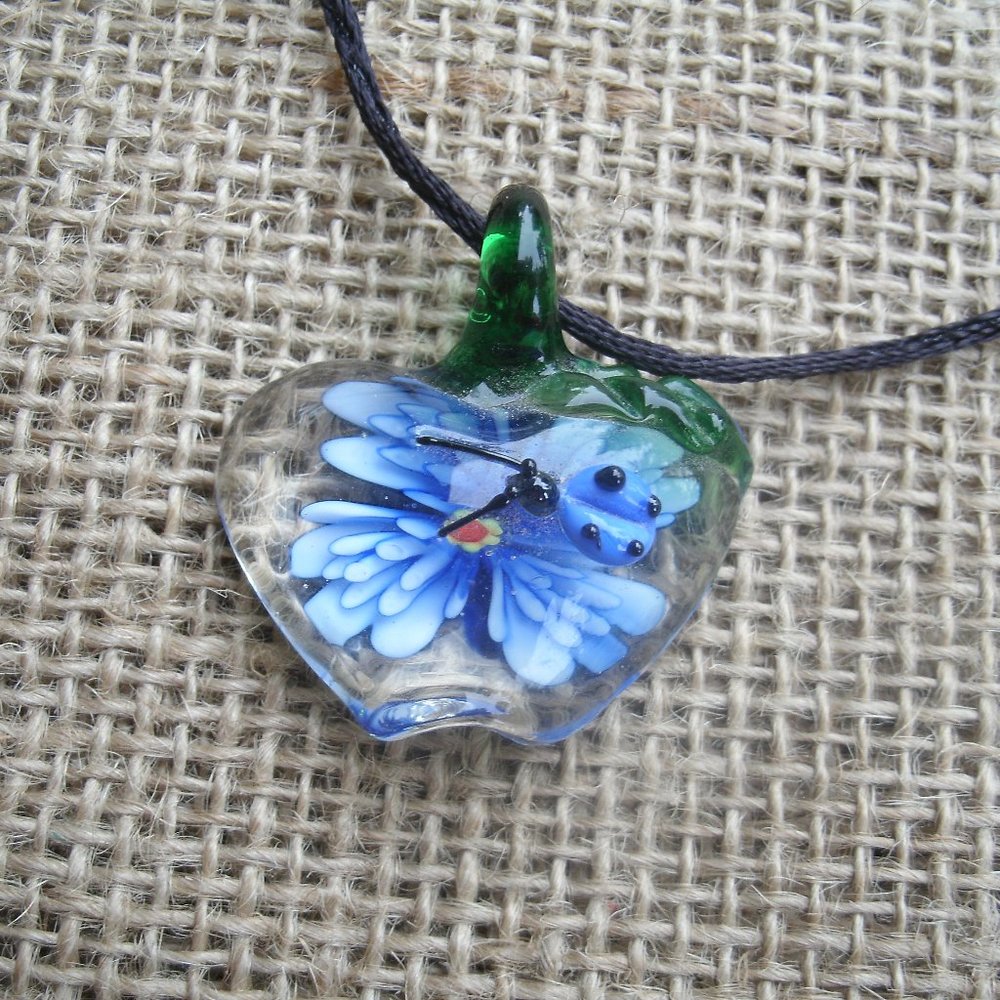 Murano Glass Apple Lady Bug Blue Flower Necklace